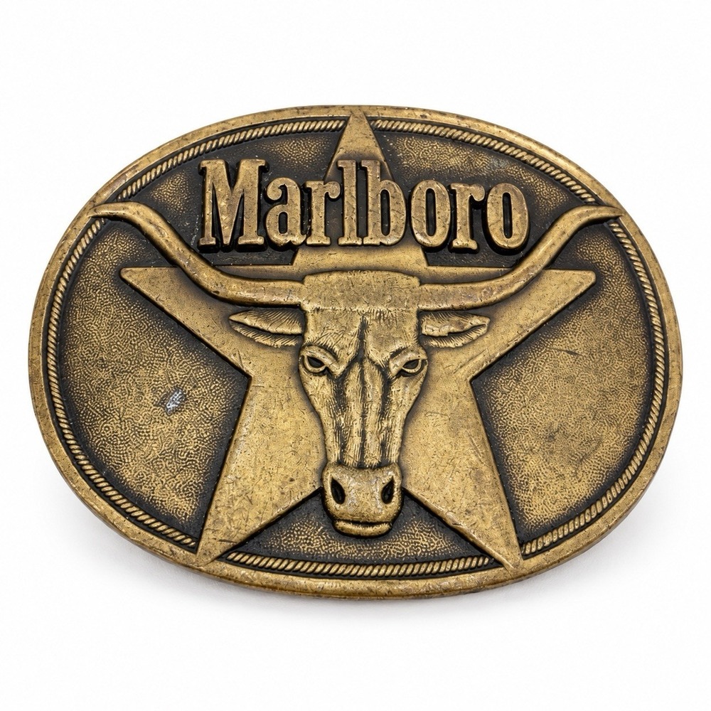 Vintage 1987 Marlboro Solid Brass Belt Buckle Longhorn Star Philip Morris